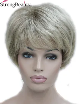 Strong Beauty Къси синтетични сребристо-сиви перуки от косата на жените, огнеупорни монолитна перука