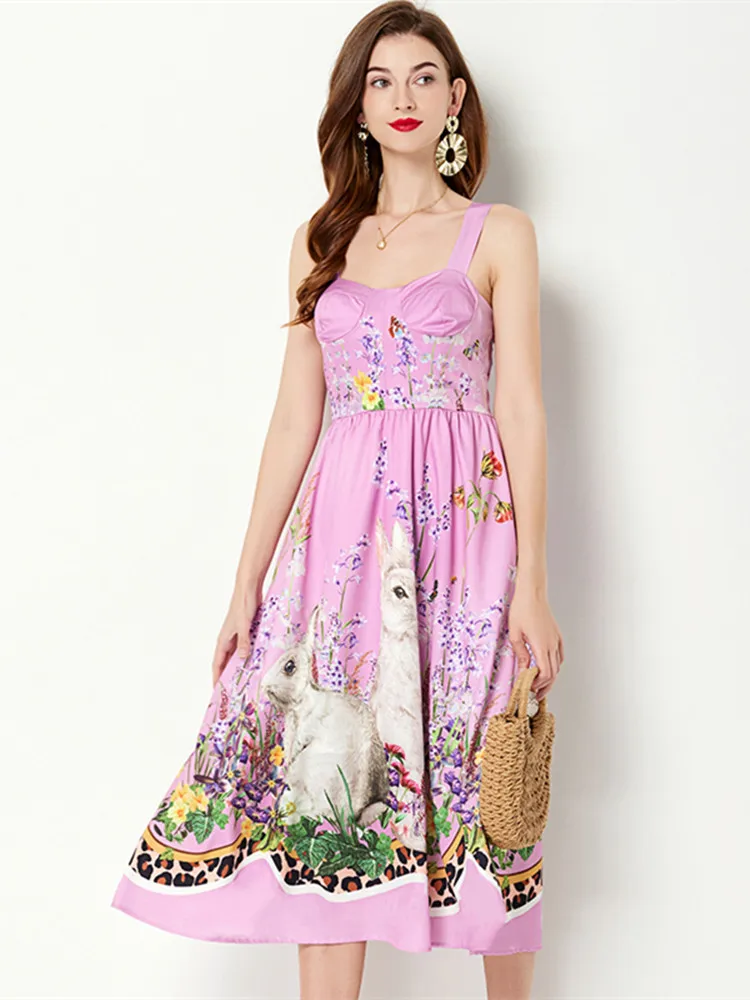 Лятото Подиумное рокля със Заек и цветя модел, женствена рокля на спагети презрамки с подплата във формата на животно, леопардовый принт, еластична рокля миди с отворен гръб лилав цвят